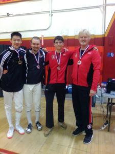 Epee: (l-r): 1st, Eric Zhang (Team Touche), 2nd, James Fowler (Wildcat Fencing), 3rd, Jimmy Diederichs (Red Rock Fencing), 3rd Frank van Dyke (Red Rock Fencing). Eric earned his A rating and Jimmy earned his B in epee!